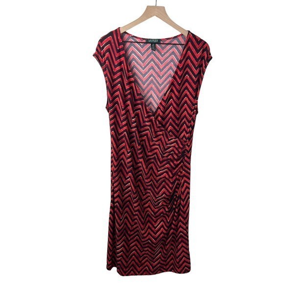 Lauren Ralph Lauren Womens Red Black Chevron Cap Sleeve Faux Wrap Dress‎ Size 1X - Picture 1 of 4
